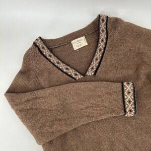 Rey Wear Exclusive Brown 100% Merino Wool V-Neck Sweater Made in Peru Mens XL